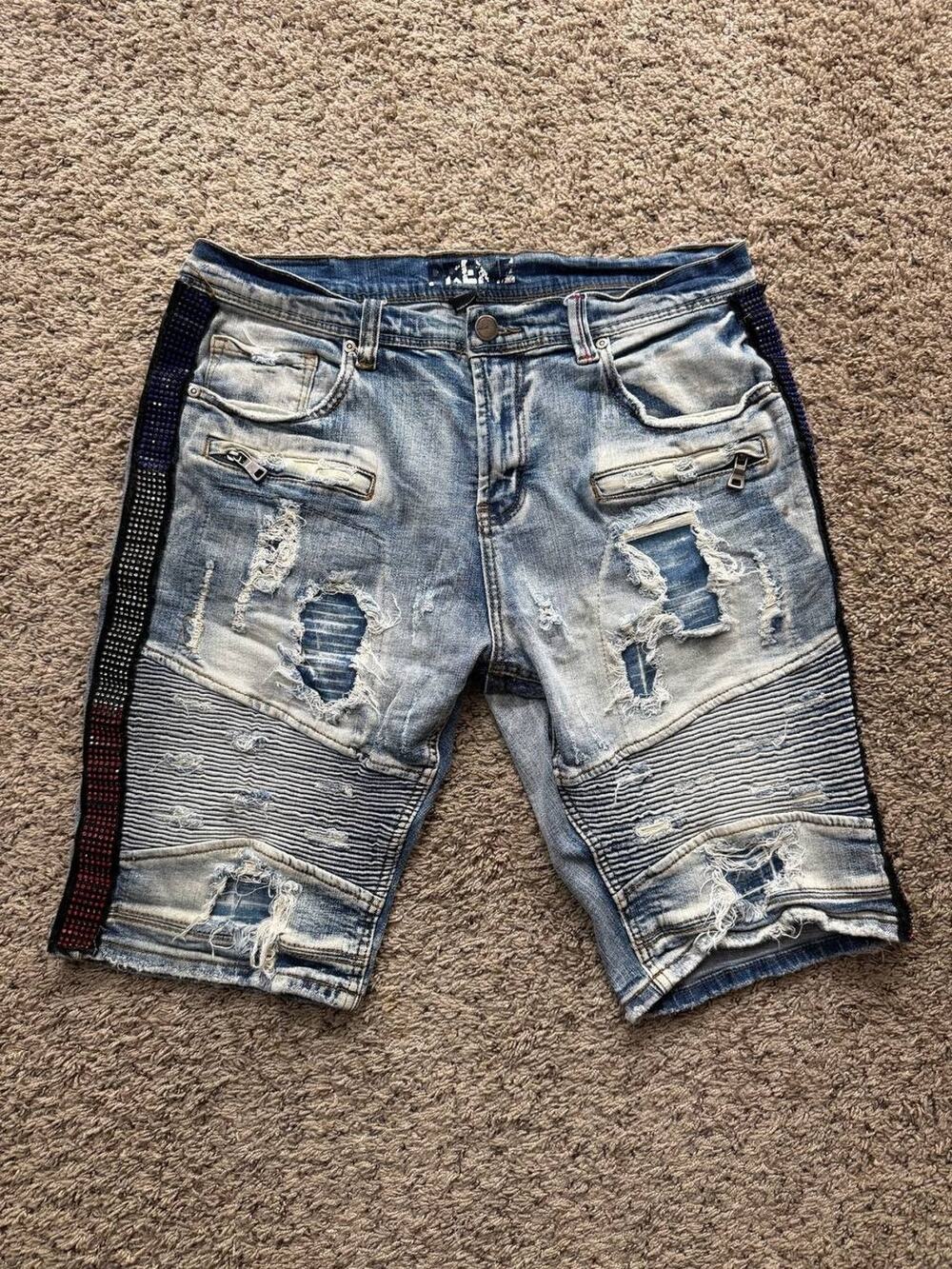Preme Rhinestones Denim Jean Shorts Blue Wash Factory Distressed Men size 36
